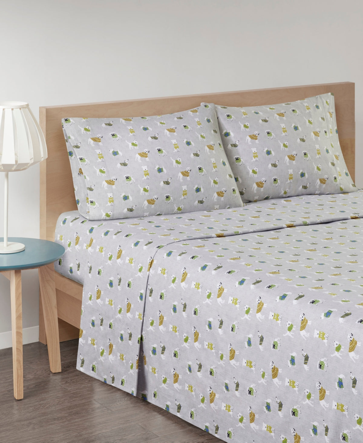 True North by Sleep Philosophy King Cozy Cotton Flannel Sheet Set, Gray Dogs - 4 Piece