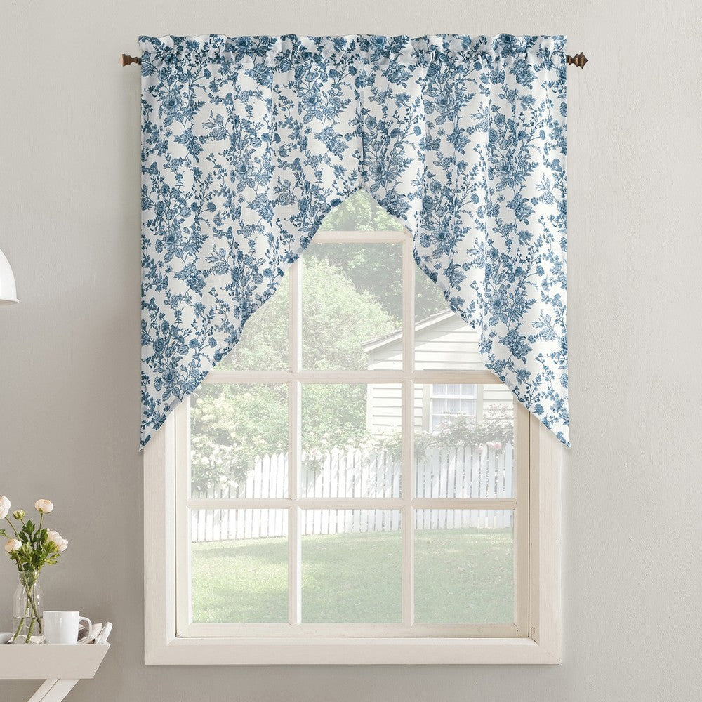 No. 918 Elara Floral Print Semi-Sheer Rod Pocket Swag Pair, 54"x38" - Indigo