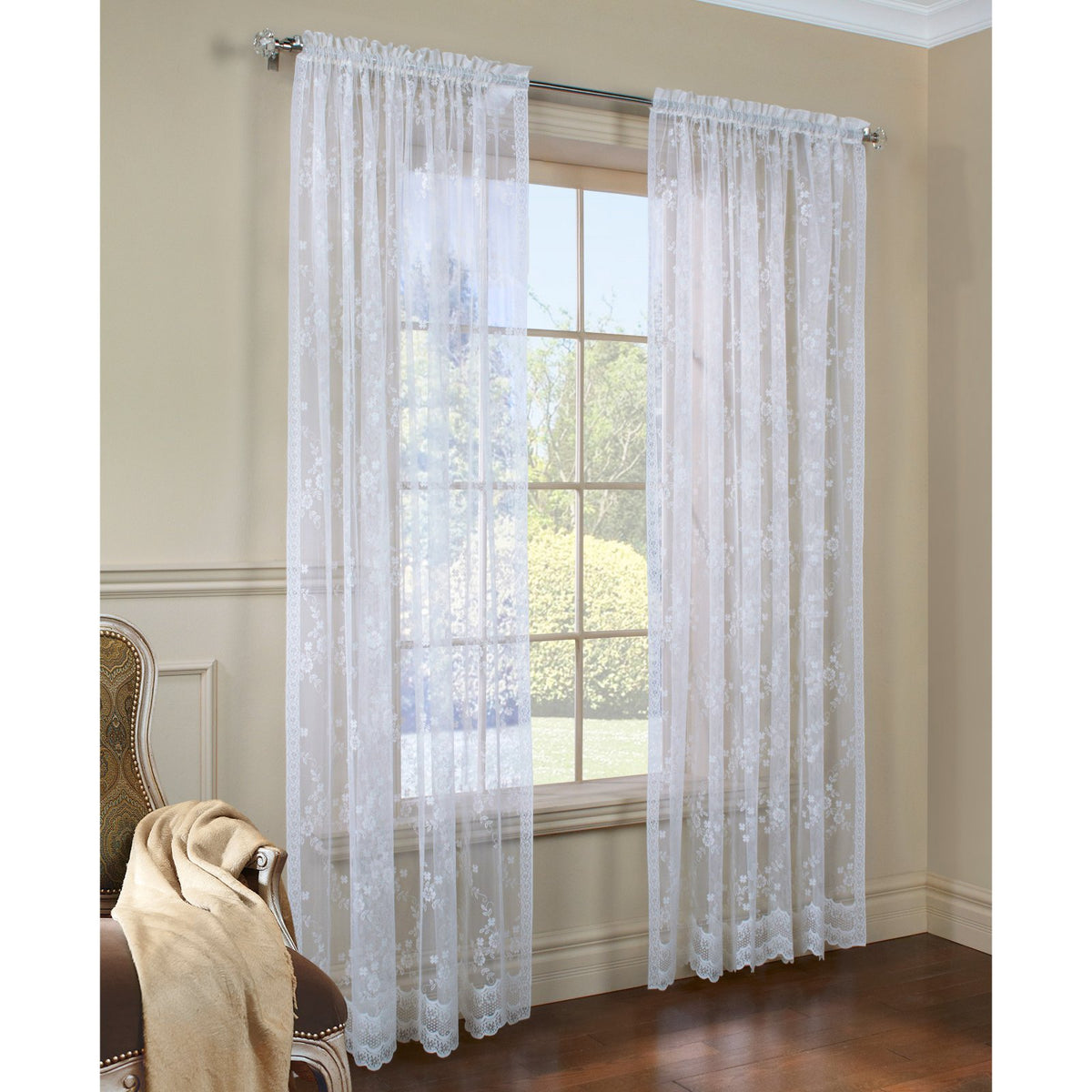 Commonwealth Habitat Mona Lisa Lace Sheer Rod Pocket Panel, 56"x63" - White