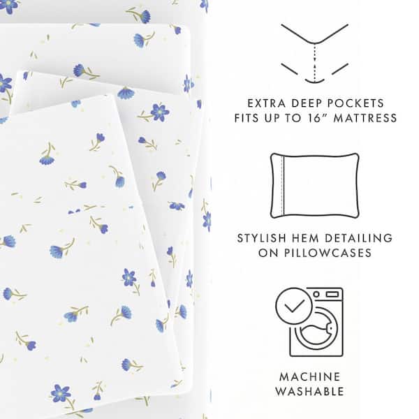 Home Collection Twin Floral Print Microfiber Sheet Set, Light Blue