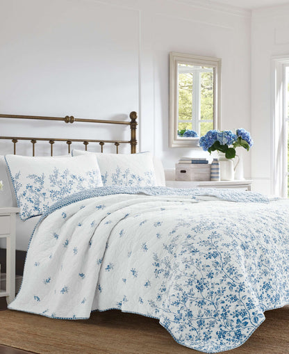 Laura Ashley Flora 3-Piece Reversible Cotton Quilt Set, Full/Queen, Blue