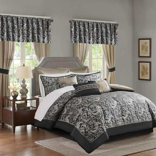 Madison Park Essentials Queen 24pc Comforter Set Black/Silver Jacquard OEKO