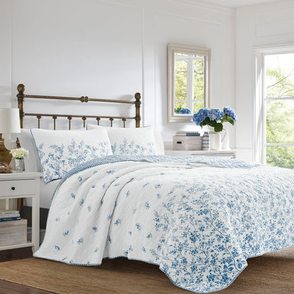 Laura Ashley Flora 3-Piece Reversible Cotton Quilt Set, Full/Queen, Blue