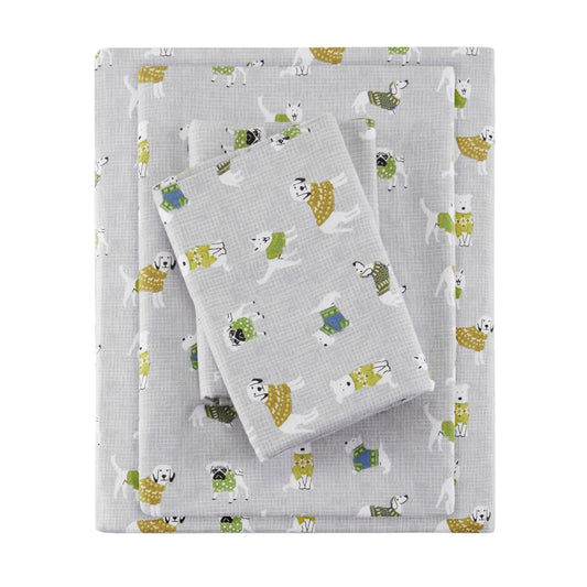 True North by Sleep Philosophy King Cozy Cotton Flannel Sheet Set, Gray Dogs - 4 Piece