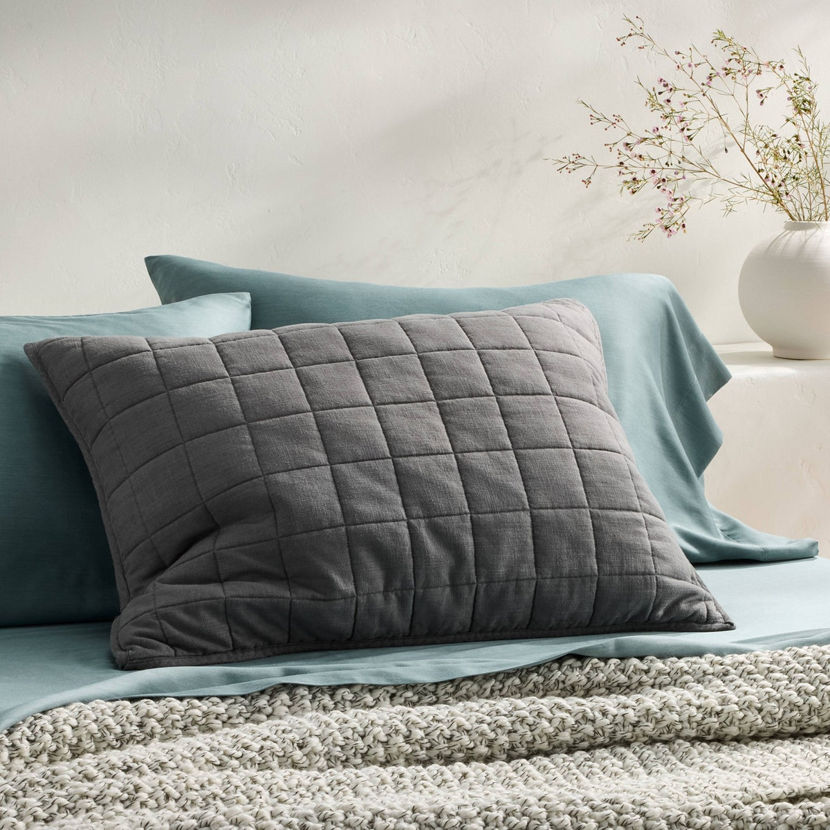 Casaluna Standard Heavyweight Linen Blend Quilted Pillow Sham, Dark Gray