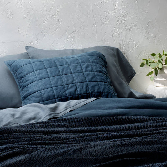 Casaluna King Heavyweight Linen Blend Quilted Pillow Sham, Dark Mineral Blue