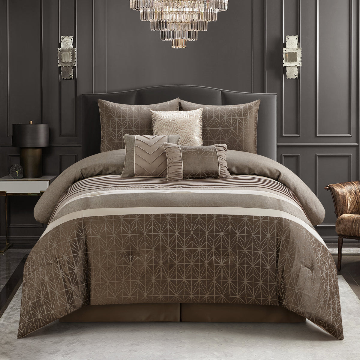 Trinity Queen 7pc Comforter Set Taupe Geometric Machine Wash 03212
