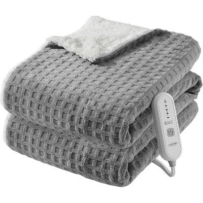 Acekool heated blanket throw, gray waffle with sherpa and controller