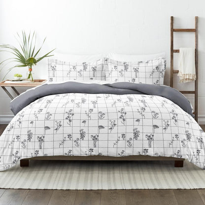 Home Collection King/Cal King Reversible Duvet Cover Set, Gray Flower Field - 3 Piece Microfiber