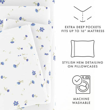 Home Collection Twin Floral Print Microfiber Sheet Set, Light Blue