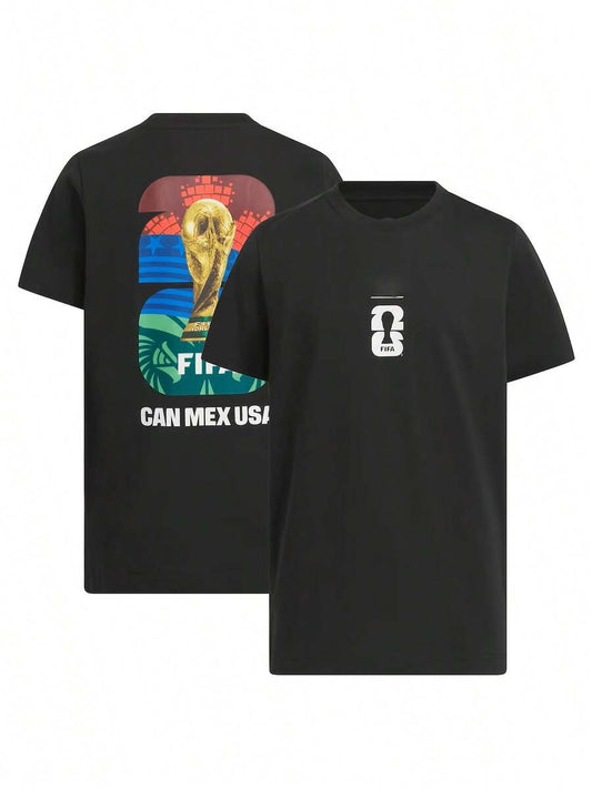 FIFA World Cup 2026 CAN MEX USA black t-shirt, front and back