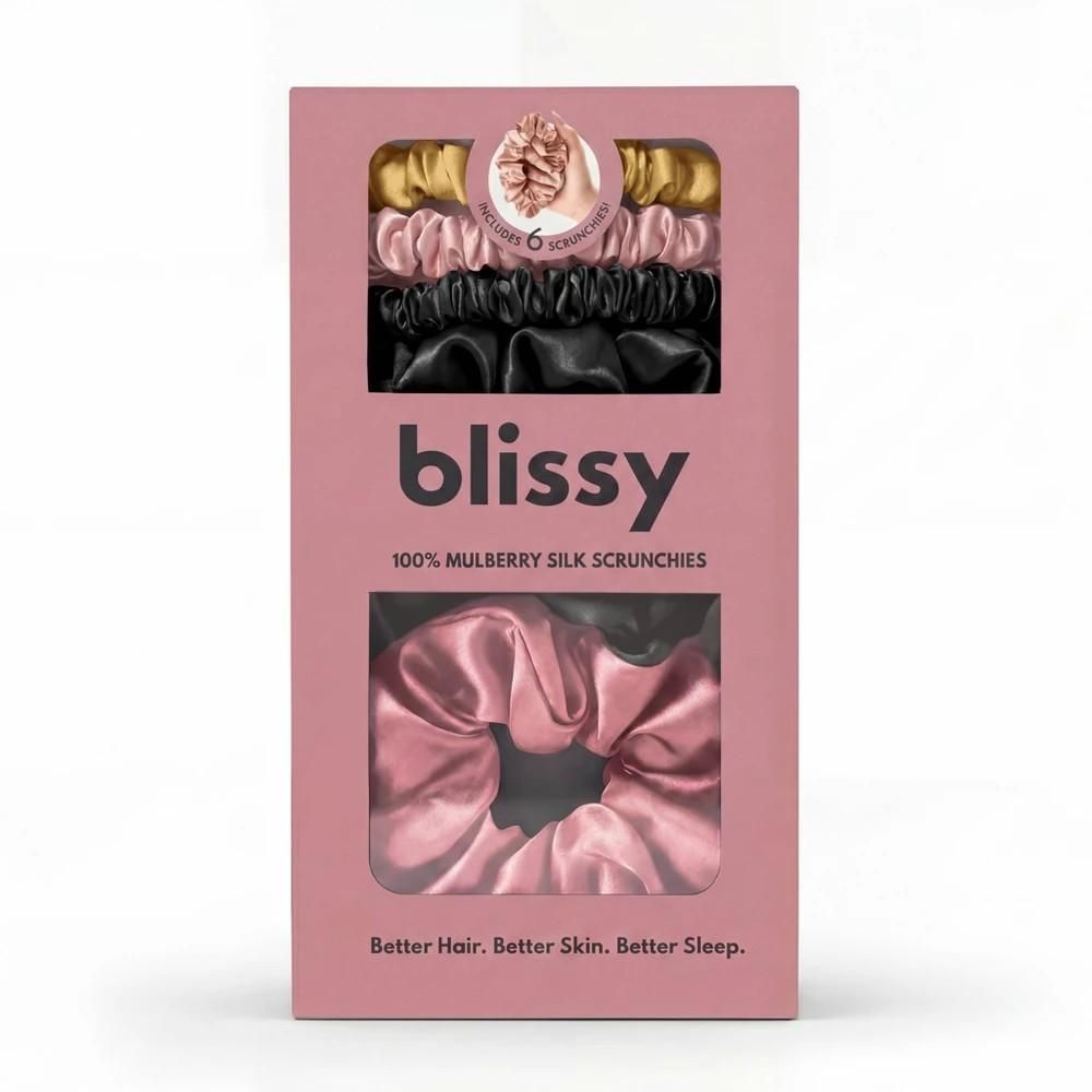 Blissy Silk Scrunchies 6-Pack - Brown/Black/Pink