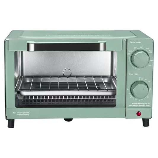 Mainstays 4-slice toaster oven, sage green, with baking rack and pan