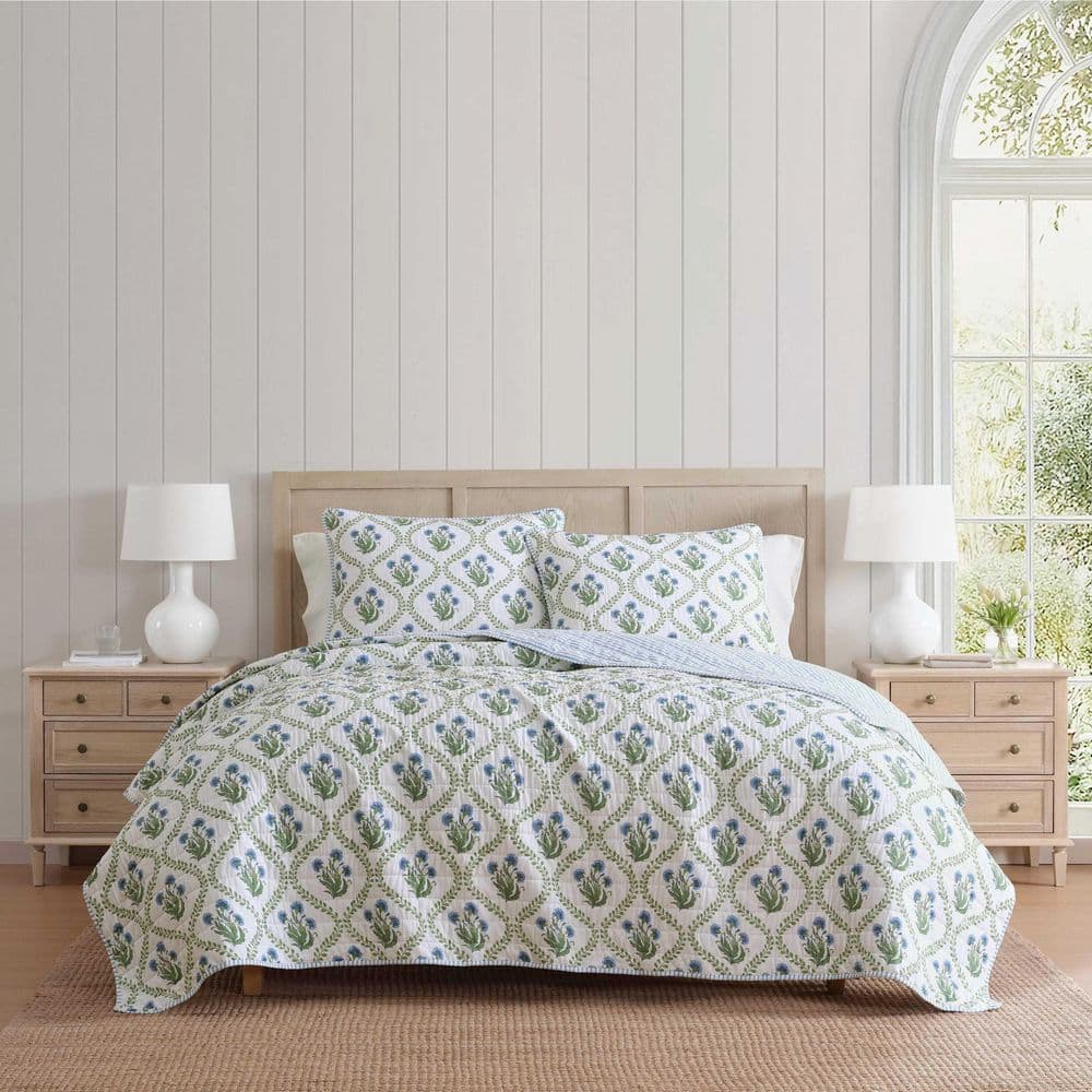 Martha Stewart Chloe 3-Piece Reversible Cotton Quilt Set, Full/Queen, Green Floral