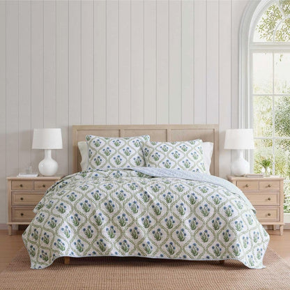 Martha Stewart Chloe 3-Piece Reversible Cotton Quilt Set, Full/Queen, Green Floral