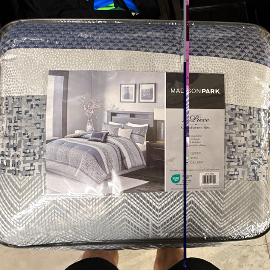 Madison Park Pierre Queen Comforter Set Blue/Gray/White Geometric Quilted